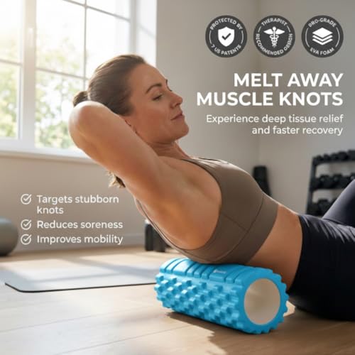 Foam Roller - Deep Tissue Medium Density Muscle Massager with Myofascial Trigger Point Release, Back Massage Roller for Soreness and Mobility 13 x 5.5 Inch, with eBook - color: Sky Blue