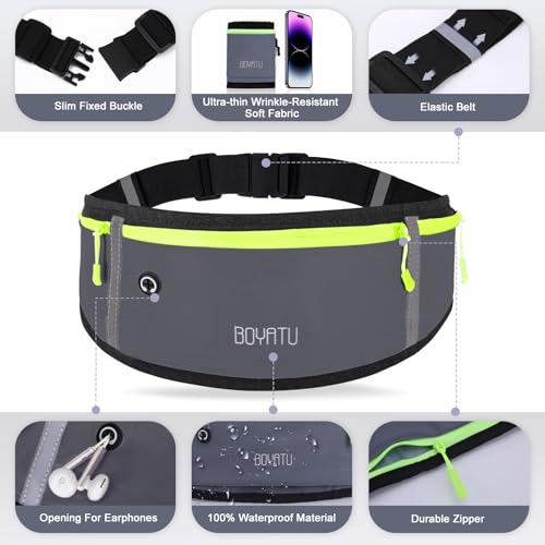 BOYATU Running Belt Fanny Pack: Slim Waist Pack for Women Men - Adjustable Phone Holder Workout Pouch - Lightweight Waist Bag for Marathon Walking Jogging Outdoor Sports(Grey)