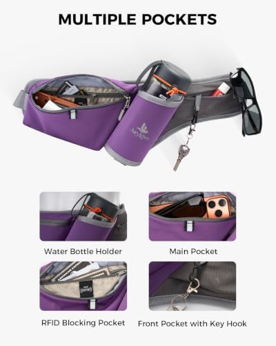 Fanny Pack with Water Bottle Holder, RFID Blocking Running Belt Bag - color: Purple