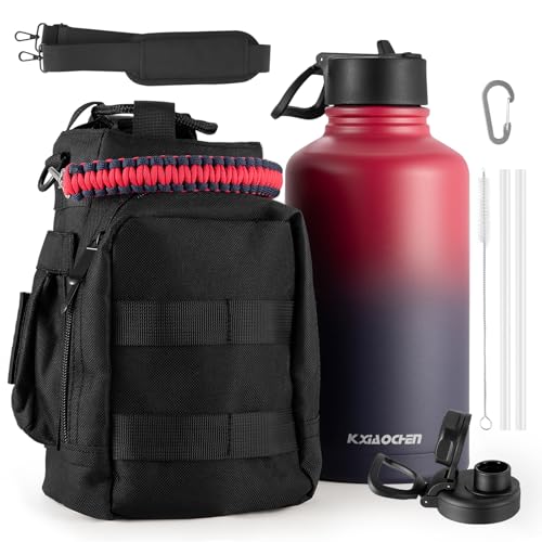 KXIAOCHEN Insulated Water Bottle with Strap, 48-Hour Cold, 2 Lids - color: Dark Rainbow-B, size: 64 Ounces