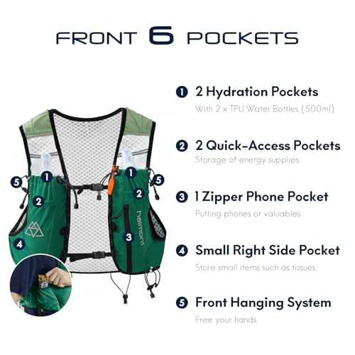 Haimont 10L Trail Running Hydration Vest with Soft Flasks - color: Green, size: Medium