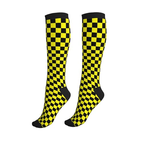 Compression Socks Knee High Circulation Support Socks For Women Men Athletic Running Work Hiking Cycling Travel - color: Black and Yellow Plaid