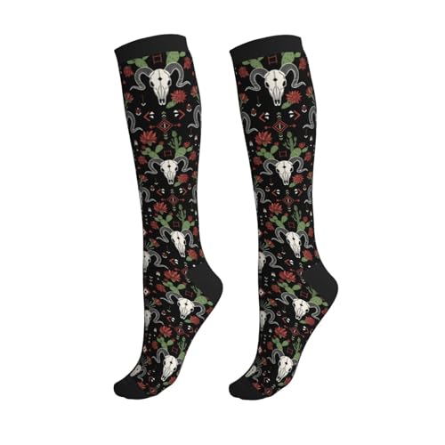 Patterned Knee High Socks for Women Men Athletic Running Travel Work - color: Western Boho Desert Skull