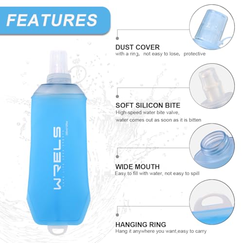 WRELS 200ml/350ml/500ml Collapsible Soft Flask,BPA Free Folding Soft Water Bottle with Hanging Ring,Lightweight TPU Hydration Flask for Running Marathon Cycling Hiking - color: Blue-500ml*1