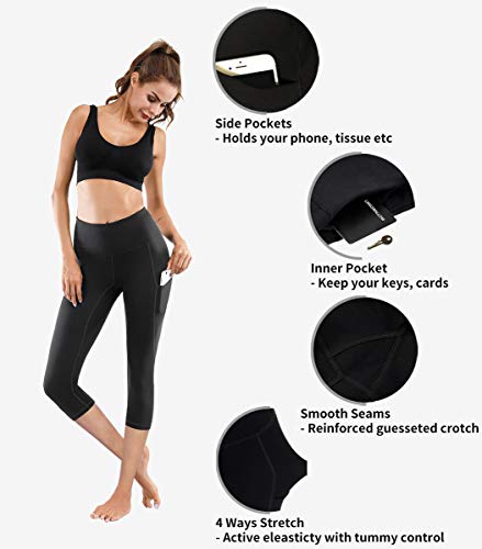 Lingswallow Women High Waist Yoga Pants with Pockets Stretch Soft Leggings - color: Capris Black, size: X-Large