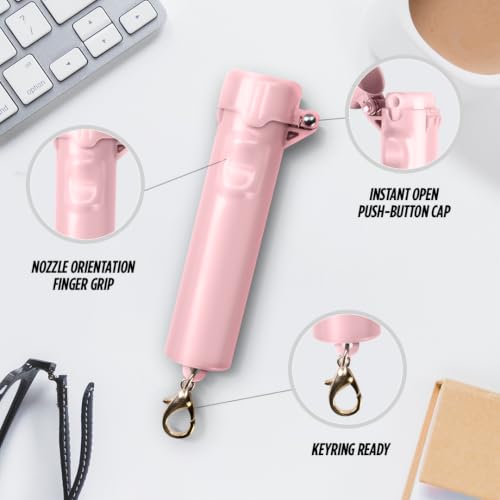 Packin' Heat 0.28 oz Compact Pepper Spray for Self Defense, Small Keychain Pepper Spray for Women, 12 ft Range, 1.44% Major Capsaicinoids, UV Dye, Push-Button Safety Cap, Snap Clip - color: Rose Pink - 2 Pack
