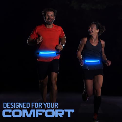 LED Rechargeable Running Belt for Men & Women – Light Up Reflective Waist Pack with Phone Holder | Adjustable Fitness Belt for Running, Walking, Hiking & Travel | WRENN & RAE (Aero Blue) - color: Aero Blue