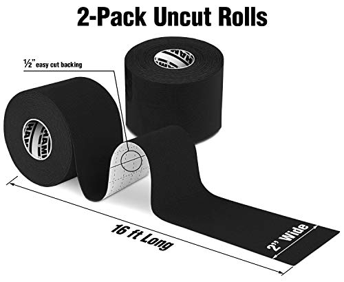 Hampton Adams Kinesiology Tape, Uncut Roll, Waterproof Muscle Support - color: Black, size: 2in x 16ft (2 Rolls)