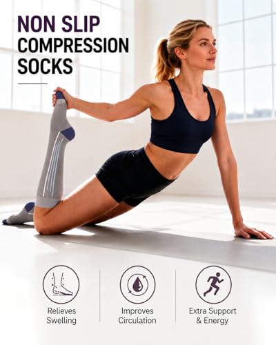 Compression Socks with Grips for Women Toe Pilates Socks Grippy Socks Woman Hospital Non Slip for Pregnancy Nurse - color: B01-Grey/Pink