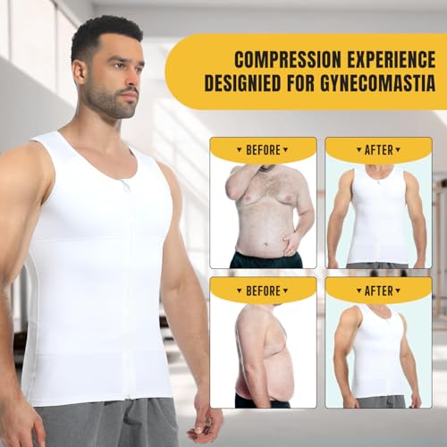 Mens Compression Shirt Zipper, Gynecomastia Tummy Control Vest, Back Support Shapewear Slimming Undershirt - color: 2 Pack White, size: Large