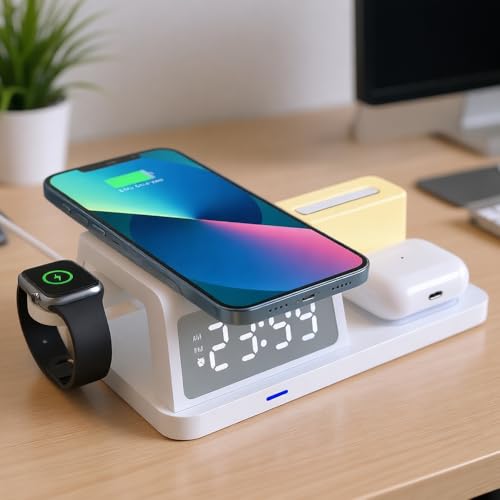 IHAO 6in1Digital Alarm Clock with Wireless Charging Station Night Light 15W Fast Charging for Qi Phone Headphone Bracket for iWatch LED Display Dimmable Brightness-HT309 White - color: Wireless Charger Alarm Clock HT309 White