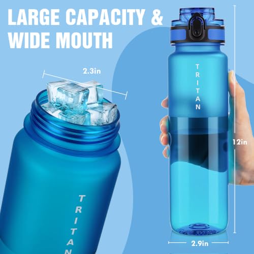 OLDLEY 32oz Sports Half-Frosted Clear Water Bottle with Anti-Dust Chug Lid - color: Half‑Frosted Bright Blue