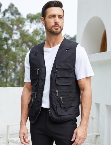 Gihuo Men's Fishing Vest Utility Safari Travel Vests with Multi Pockets - color: Black, size: Medium
