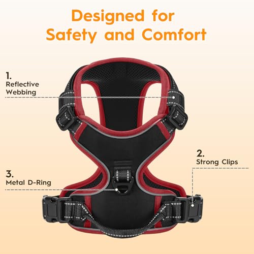 No Pull Dog Harness, No-Choke Soft Padded Reflective Dog Vest Harness with Front Clip & Top Handle, 2 Quick-Release Buckles, Adjustable for Small Medium Large Dogs - color: Black/Red, size: X-Small