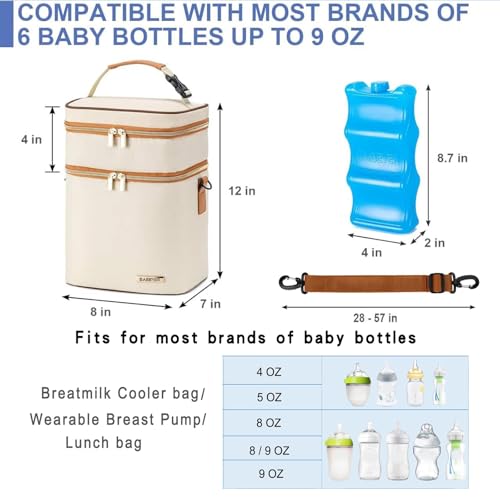 Breastmilk Cooler Bag with Ice Pack Fits 6 Baby Bottles Up to 9 Ounce, Double Deck Leak-Proof Baby Bottles Bag with Shoulder Strap for Nursing & Working Mom, - color: Cream