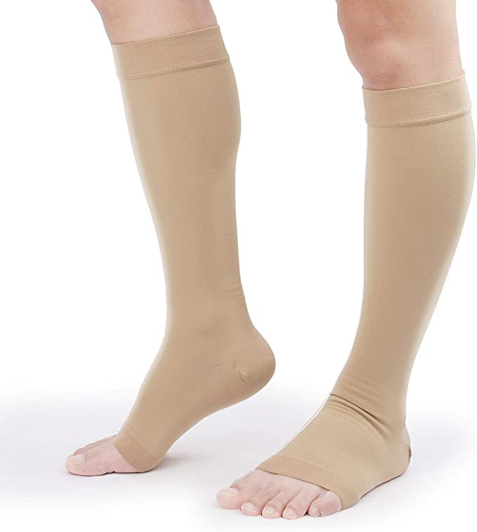TOFLY Compression Socks For Women & Men Open Toe Knee High 20-30mmHg - color: 20-30mmhg Open-toe Beige, size: Small