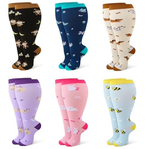 Jspupifip 6 Pairs Plus Size Compression Socks for Women, Wide Calf - color: Pink, Purple, White, Blue, Black, size: XX-Large