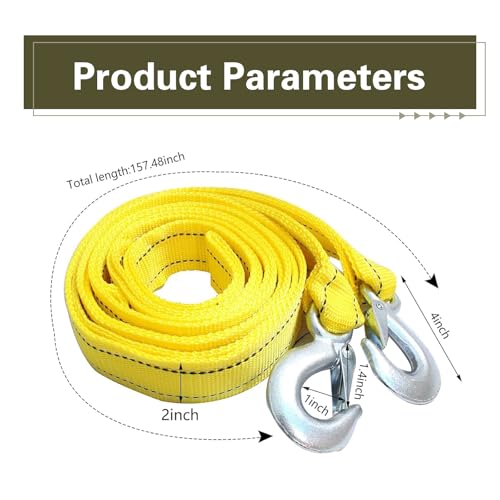ATV Tow Strap with Hooks, Heavy Duty Nylon Towing Straps, 2" x 13ft 10,000 lbs Capacity Tow Rope, Emergency Towing Straps for Vehicles, Cars, Trucks, ATV, for Roadside Recovery(Yellow)