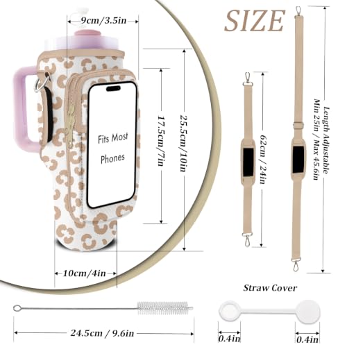 Water Bottle Carrier Bag for Stanley 40/30oz Cup Tumbler with Phone Pocket,Insulated Crossbody Water Bottle Holder with Adjustable Strap,Water Bottle Sling Pouch for Hiking Walking Camping Accessories - color: Leopard Grace Brown