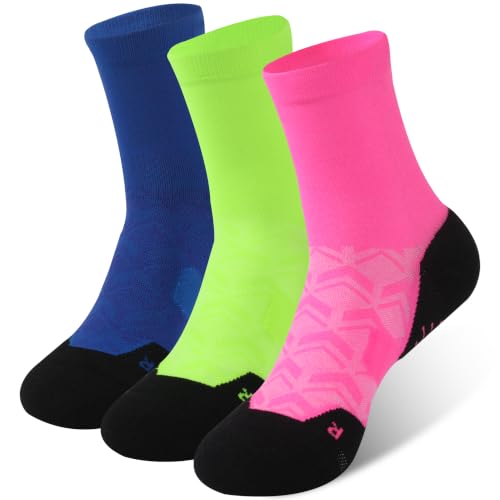 NIcool Cycling Socks For Men, 1/3 Pairs Bright Seamless Compression Running Crew Socks Youth Cushioned Tennis Quarter Socks - color: 3 Pairs Pink & Green & Royal Blue