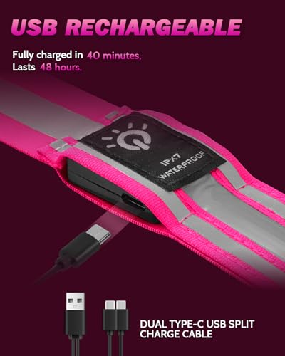 Fitense LED Reflective Belt Sash - 5 Lights Colors & 3 Light Modes High Visibility Night Safety Belt, Rechargeable Light Up Running Gear Adjustable Vest Straps for Runners Walkers Men Women - color: Pink, style: Classic