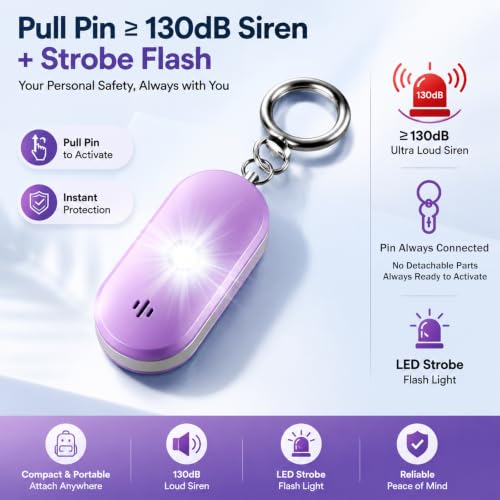 Personal Safety Alarm for Women, 130dB Rechargeable Keychain Alarm with Bluetooth SOS Alerts, Dual Speakers, Strobe Light, Low Battery Reminder, USB-C Emergency Siren for Travel(Purple) - color: Purple