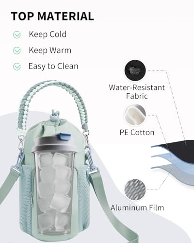 sportsnew Large Water Bottle Bag for 32/40/64oz Cup & Tumbler,Crossbody Insulated Cup Sleeve Bottle Holder Carrier with Strap - color: Green