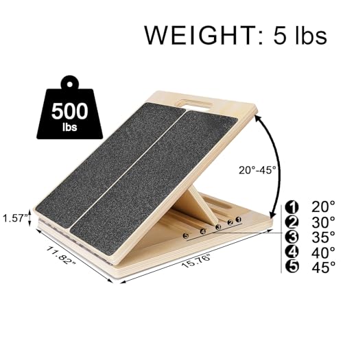 Wooden Slant Board, Portable Calf Stretcher, Adjustable 5 Incline Levels Stretch Board Support 500 lbs for Plantar Fasciitis Relief Therapy Foot Exercise Achilles Tendon - Home Gym