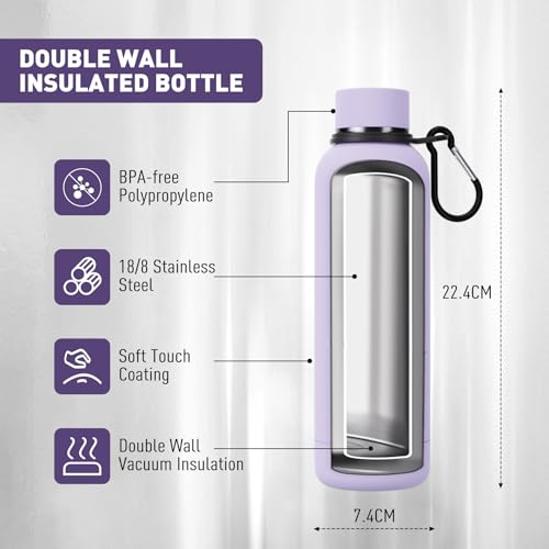 Exllena Slim Insulated Water Bottles for Travel 18oz with Clip, Double Wall Vacuum Stainless Steel Water Bottle Keeps Drinks Cold 24 Hrs/Hot 12 Hrs, 100% Leakproof, BPA Free(Purple) - color: Purple, size: 500 ml
