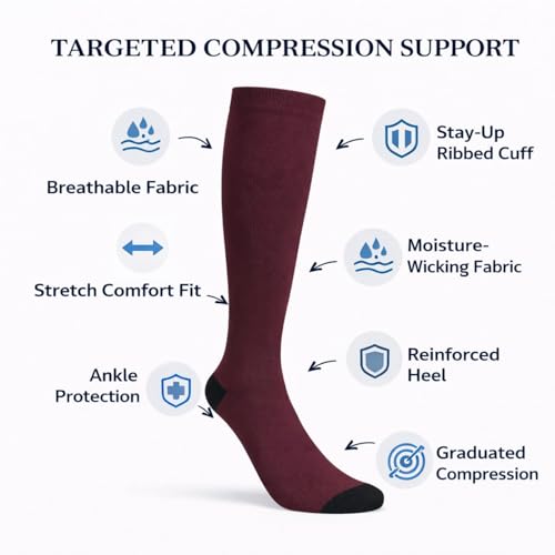 Diamond Star 6 Pairs Compression Socks for Men & Women, Knee High Socks - color: 6 Pairs Burgundy