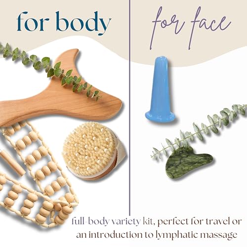 Abundantly Made 6-Piece Lymphatic Drainage Massage Kit | Dry Brush, Wooden Paddle, Rope Roller, Jade Gua Sha, Silicone Cup, Linen Bag & E-Book | Wood Therapy, Maderoterapia & Body Sculpting Tools