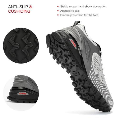 Kricely Men's Trail Running Shoes Non Slip Hiking Trekking Tennis Shoes - color: Light Grey, size: 10