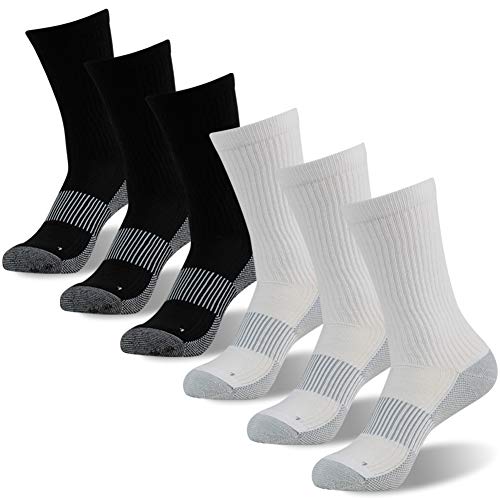 FOOTPLUS Hiking Copper Compression Socks,Unisex Cushioned Sole Arch Support Athletic Crew Running Socks - color: 6 Pairs-3 White Crew&3 Black Crew, size: Large-X-Large