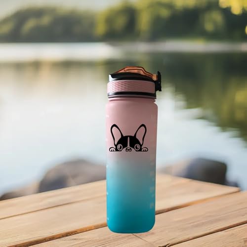 Boston Terrier Water Bottle 32Oz with Time Marker & Straw - color: Boston Terrier - pink blue