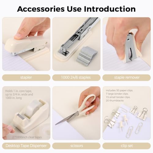 SKYDUE Office Supplies Set, Stapler and Tape Dispenser Set,10PCS - color: Beige