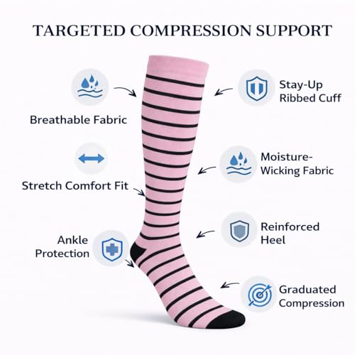 Diamond Star 6 Pairs Compression Socks for Men & Women, Knee High Socks - color: 6 Pairs (Pink/Black)