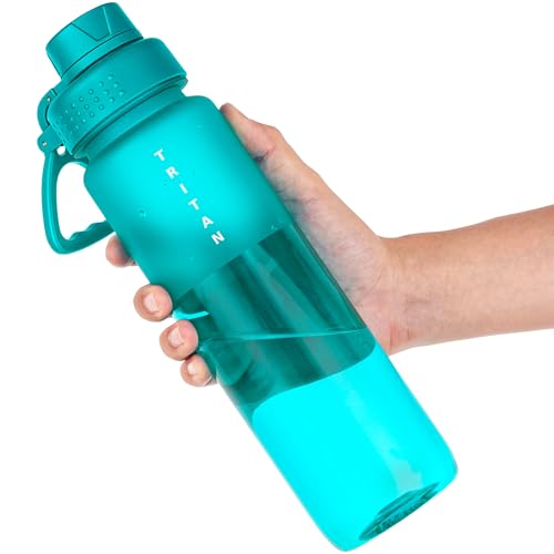 OLDLEY 32oz Water Bottle with Handle, BPA-Free Tritan Reusable Sports Water Bottle with Leak-Proof Dust Lid, Wide Mouth, Cup Holder Friendly, Half Frosted Clear Bottle for Gym, Travel, Work,Aqua Blue - color: Aqua Blue