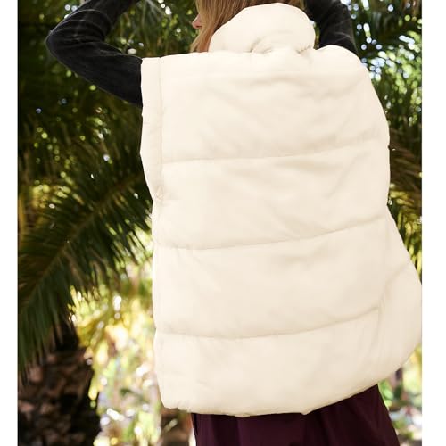 Songling Womens Oversized Puffer Vest Stand Collar Full Zip Sleeveless Bubble Puffer Vest Quilted Padded Warm Coat Outwear - color: Beige, size: X-Small