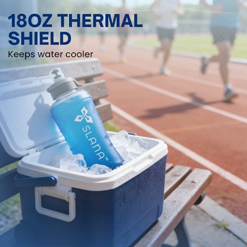 Handheld Running Water Bottle 18 oz – Grip-Free Collapsible Water Bottles for Running with Adjustable Strap & Thumbhole, Expandable Phone Pocket, Race Cap for One-Hand Drinking - color: Blue