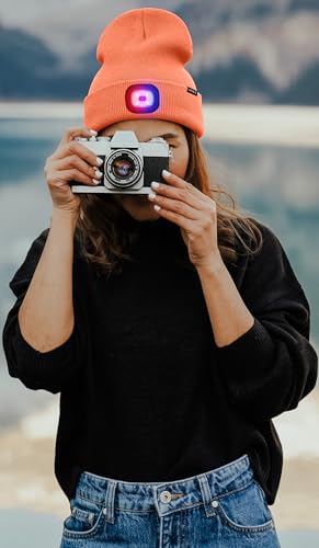 ATNKE LED Lighted Beanie Hat,USB Rechargeable 4 LED Red and Blue Flashing Running Headlamp Cap Gifts for Men and Women - color: #Bright Orange