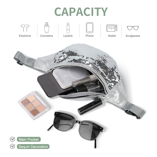 Holographic Sequined Fanny Packs for Women, Waist Belt Bag Fashion, Crossbody Bum Bag for Running, Silver - color: Silver