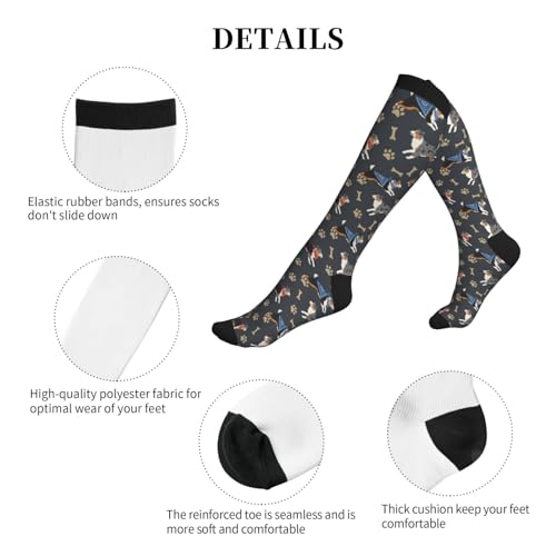 Patterned Knee High Socks for Women Men Athletic Running Travel Work - color: Dog Paws & Bones