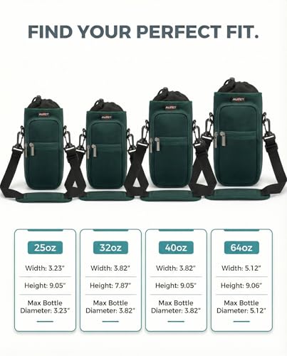 AUPET Water Bottle Sling Bag Sleeve Holder Carrier 25/32/40/64 oz,Insulated Crossbody Water Bottle Case Cover with Strap and Pockets for Men/Women Walking Hiking - color: Dark Emerald Green, size: 64oz