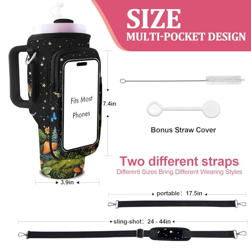 Stanley Carrier Bag for Stanley 40oz/30ozTumbler with Phone with 2 Adjustable Strap,3 Pockets Bottle Stanley Cup Carrier Bag & Case,Accessories for Hiking Travelling - color: Black Mushroom