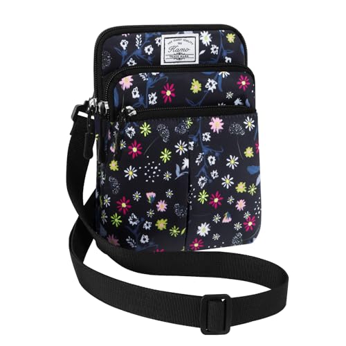 KAMO Multifunction Phone Waist Bag - One Shoulder Diagonal Cross Smart Case - Triple Zip Hipster Crossbody Purse for Women & Men - Outdoor - color: Black-Mixed flowers