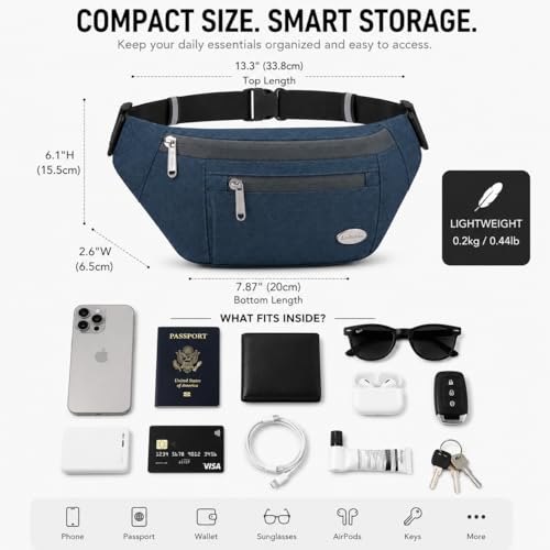 Entchin Water-Resistant Fanny Pack, 4-Zipper Belt Bag - color: Blue