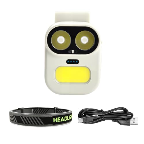 Robot Headlamp with Magnetic Clip & Wave Sensor, 2-in-1 Convertible Clip Light, 6 Modes, 700mAh Type-C, IPX4 Waterproof, for Running Cycling Camping (White)
