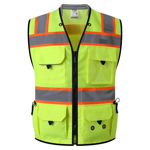 JKSafety Hi-Vis Unisex Surveyor Safety Vest Heavy Duty PPE Inner Pockets ANSI/ISEA Compliant - color: 188-yellow, size: Large