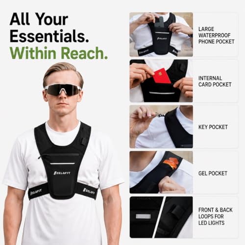 ZelaFit™ Running Phone Holder Vest for Women & Men – Lightweight Running Gear and Everyday Running Essentials – Chest Rig Phone Holder for Running (Black) - size: Small-Medium
