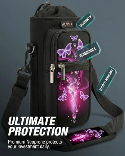 AUPET Water Bottle Sling Bag Sleeve Holder Carrier 25/32/40/64 oz,Insulated Crossbody Water Bottle Case Cover with Strap and Pockets for Men/Women Walking Hiking - color: nice butterlies, size: 25oz